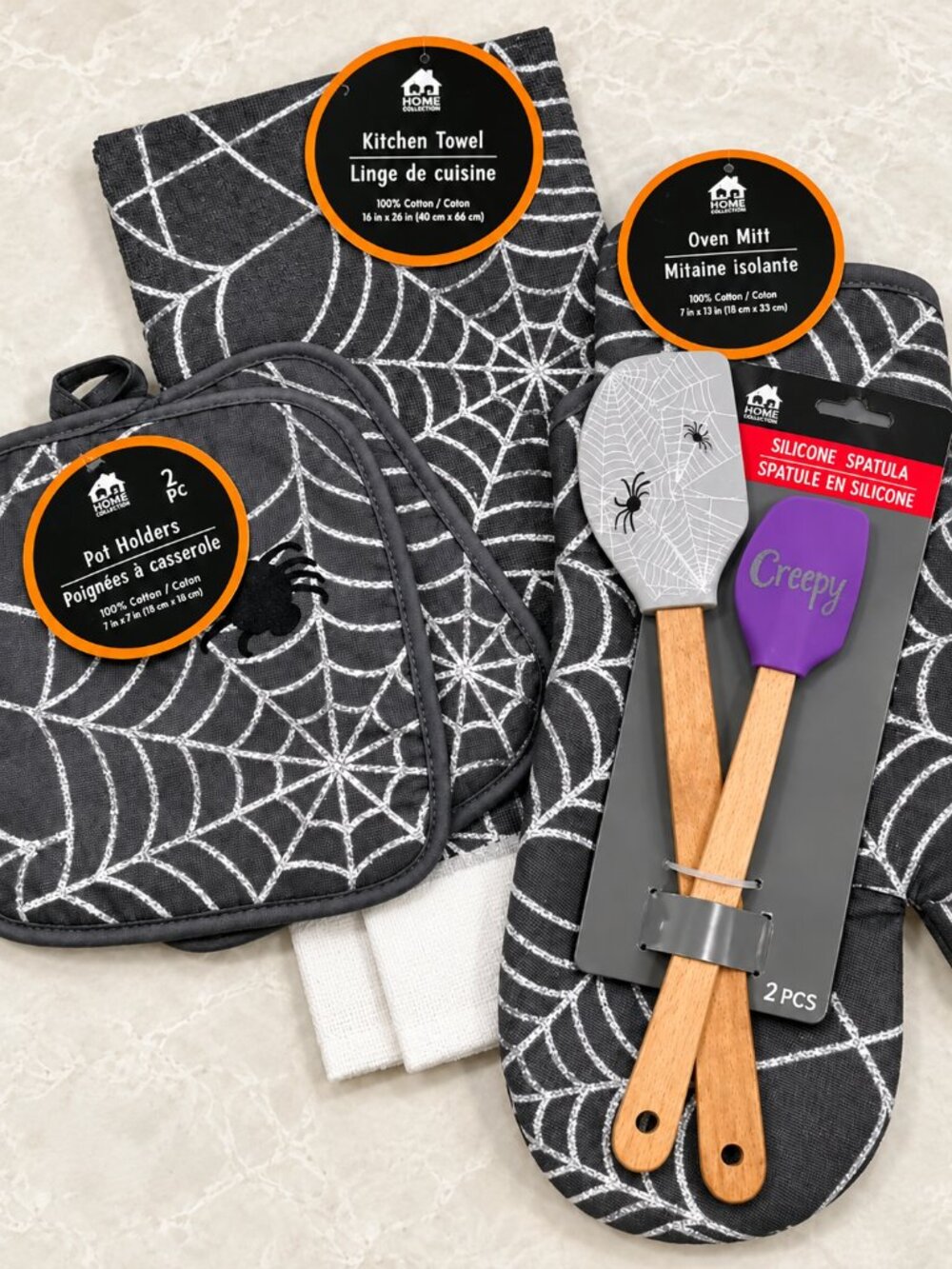 Halloween Spider Web Kitchen Set Towel Mitt Pot Holders Spatulas 6 Pc NEW